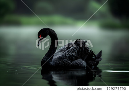 Black swan on water surface, close up 129275790