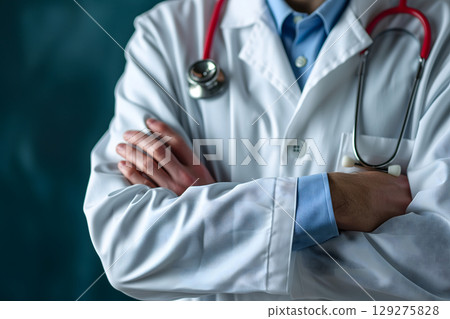 Medical Doctor, Symbolizing Compassion and Expertise asymmetrical composition with copy space. Medical Doctor, Symbolizing Compassion and Expertise asymmetrical composition with copy space. 129275828