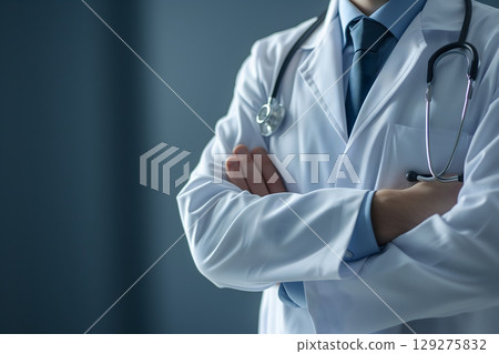 Medical Doctor, Symbolizing Compassion and Expertise asymmetrical composition with copy space. Medical Doctor, Symbolizing Compassion and Expertise asymmetrical composition with copy space. 129275832