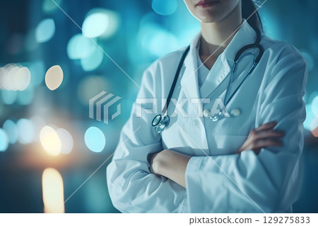 Medical Doctor, Symbolizing Compassion and Expertise asymmetrical composition with copy space. Medical Doctor, Symbolizing Compassion and Expertise asymmetrical composition with copy space. 129275833