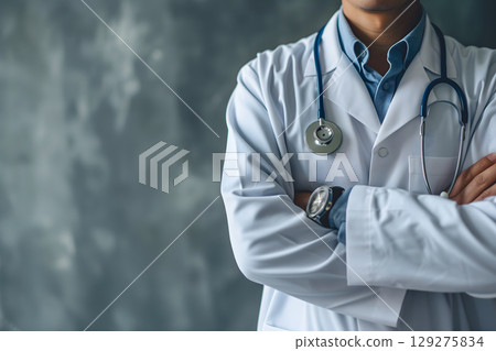 Medical Doctor, Symbolizing Compassion and Expertise asymmetrical composition with copy space. Medical Doctor, Symbolizing Compassion and Expertise asymmetrical composition with copy space. 129275834