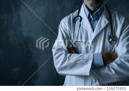 Medical Doctor, Symbolizing Compassion and Expertise asymmetrical composition with copy space. Medical Doctor, Symbolizing Compassion and Expertise asymmetrical composition with copy space. 129275835