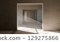 Sunlight casting through geometric concrete corridor. 3d render 129275866