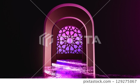 Islamic arch glowing purple in empty room. 3d render 129275867