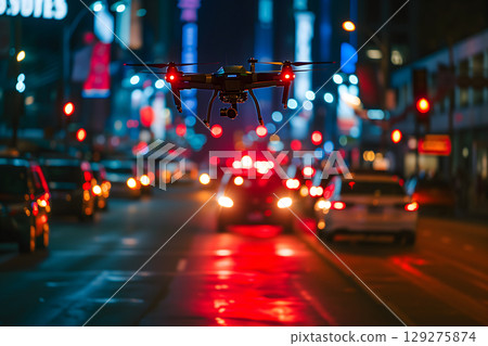Copter drone flying low at night downtown city street. Copter drone flying low at night downtown city street. 129275874