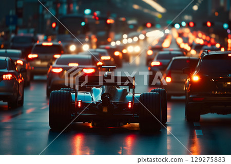 formula 1 car stuck in traffic at the rush hour on the road of a capital city formula 1 car stuck in traffic at the rush hour on the road of a capital city 129275883
