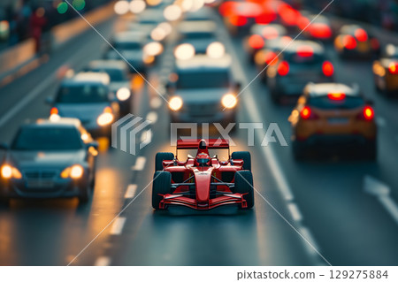 formula 1 car stuck in traffic at the rush hour on the road of a capital city formula 1 car stuck in traffic at the rush hour on the road of a capital city 129275884