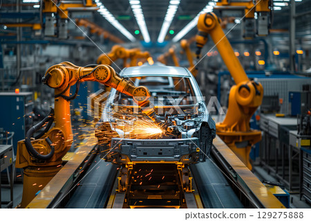 robotic welding of car bodies at car manufacturing factory line 129275888