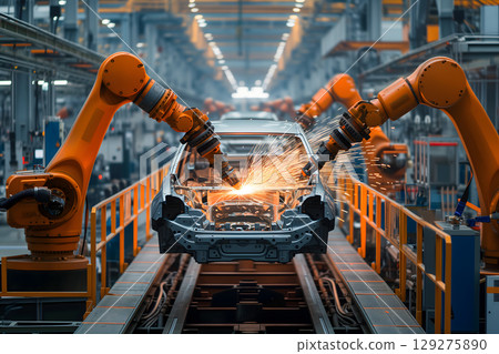 robotic welding of car bodies at car manufacturing factory line 129275890