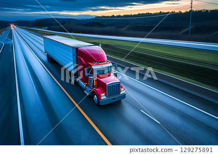 American long-nose semitruck on a highway American long-nose semitruck on a highway 129275891