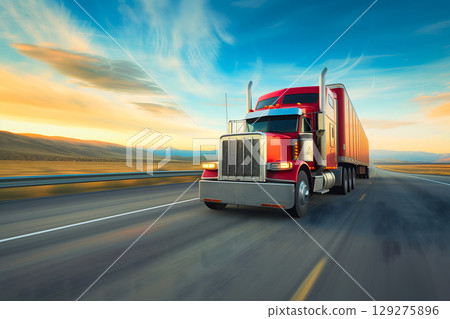 Classic American long-nose semitruck on a highway 129275896