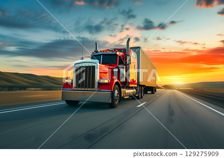 Classic American long-nose semitruck on a highway Classic American long-nose semitruck on a highway 129275909