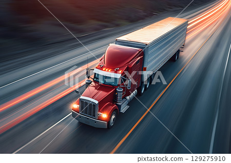 Classic American long-nose semitruck on a highway Classic American long-nose semitruck on a highway 129275910
