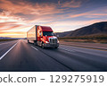 American long-nose semitruck on a highway 129275919