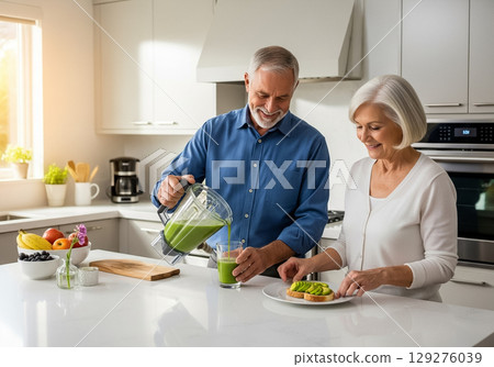 Senior Couple Preparing a Healthy Breakfast Together 129276039