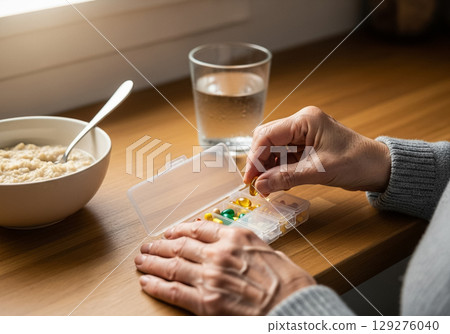 Senior Woman Sorting Daily Vitamins in the Morning 129276040