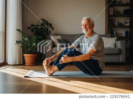Senior Man Stretching on Yoga Mat in Living Room 129276041