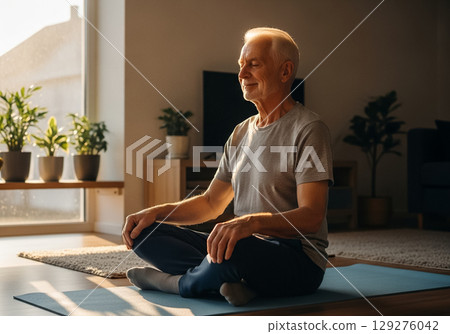 Elderly Man Meditating in a Sunlit Room 129276042