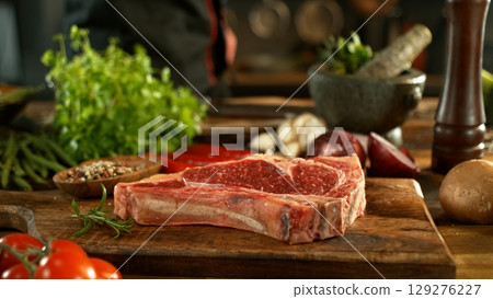 Delicious beef steak on wooden table, close-up 129276227
