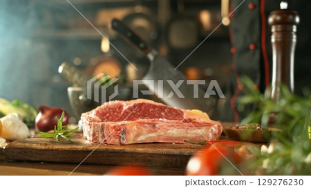 Delicious beef steak on wooden table, close-up Delicious beef steak on wooden table, close-up 129276230
