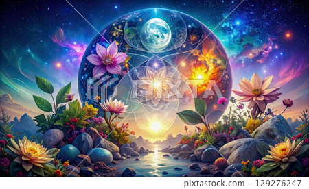 A colorful painting of a flower garden with a large flower in the center. The painting has a dreamy, peaceful mood 129276247