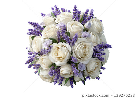 AI-generated item.  A round bouquet of white roses and purple lavender flowers. 129276258