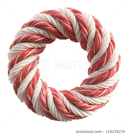 AI-generated item. A wreath made from twisted red and white candy canes, coated in sugar. 129276259
