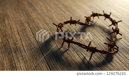 Heart from rusty barbed wire casts shadow on wood, capturing painful memory. 129276285