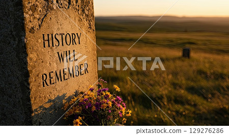 Memorial stone at sunset, a tribute to historical memory. 'History Will Remember' text honors victims. 129276286