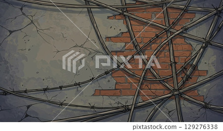Cracked wall with barbed wire, a powerful historical scar. 129276338