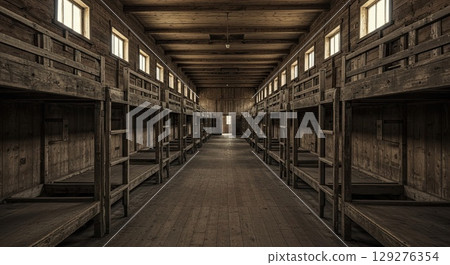 Empty barracks evoke profound emptiness. A silent hall of historical emptiness 129276354