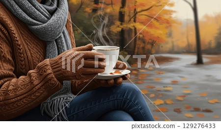 Woman in cozy sweater enjoys hot drink in autumn park. A cozy moment of peace 129276433