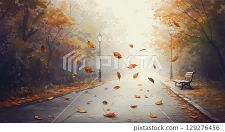Falling leaves in park evoke gentle melancholy. A scene of beautiful melancholy 129276456