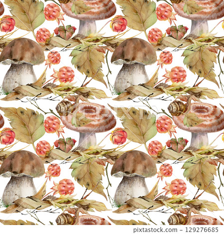 Bolete cep milk-cap mushroom with snail, cloudberry berries twigs on fallen autumn leaves pile. Seamless pattern hand drawn in watercolor. Forest harvest. Farmers market menu, home preserves wrapping Bolete cep milk-cap mushroom with snail, cloudberry berries twigs on fallen autumn leaves pile. Seamless pattern hand drawn in watercolor. Forest harvest. Farmers market menu, home preserves wrapping 129276685
