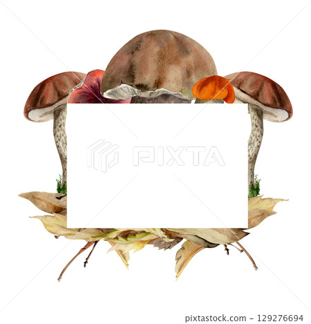 Bolete cep mushroom on top of autumn leaves pile with twigs. Fungi forest harvest, edible raw ingredient for vegan cooking. Copy space frame hand drawn in watercolor. Seasonal planner, menu cookbook Bolete cep mushroom on top of autumn leaves pile with twigs. Fungi forest harvest, edible raw ingredient for vegan cooking. Copy space frame hand drawn in watercolor. Seasonal planner, menu cookbook 129276694