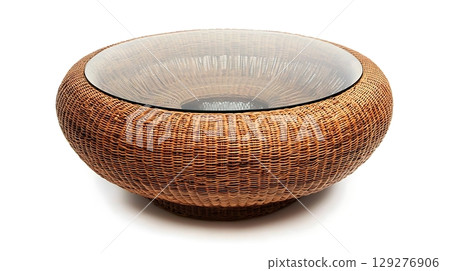 Round wicker coffee table with a glass top 129276906