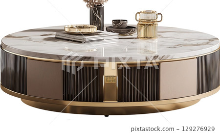 Round marble coffee table with a gold trim and a vase of flowers on top Round marble coffee table with a gold trim and a vase of flowers on top 129276929