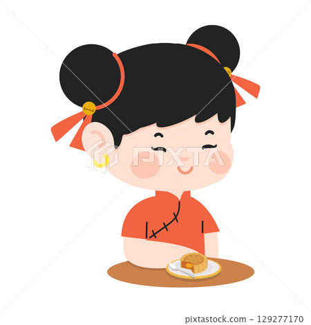 Illustration of Chinese Girl with Mooncake 129277170