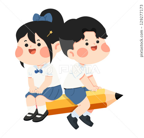 Cartoon Students Sitting on Pencil Illustration Cartoon Students Sitting on Pencil Illustration 129277173