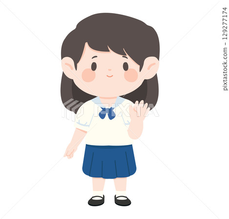 Cartoon Illustration of School Girl Waving 129277174