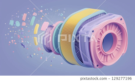 Air filter mechanism and pollution concept, Stylized illustration of a mechanical turbocharger in vibrant colors. 129277196