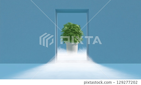 Air filter mechanism and pollution concept, Doorway with a potted plant and blue patterned walls. 129277202
