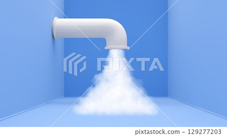 Air filter mechanism and pollution concept, Pipe releasing mist in a blue-walled room. Air filter mechanism and pollution concept, Pipe releasing mist in a blue-walled room. 129277203