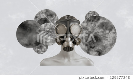 Air quality and pollution concept with face mask protection, Surreal gas mask art with abstract circular patterns. collage style. 129277248