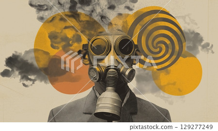 Air quality and pollution concept with face mask protection, Surreal figure in a gas mask with abstract backgrounds. collage style. 129277249
