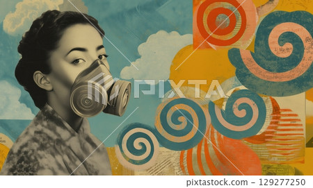 Air quality and pollution concept with face mask protection, Woman wearing a gas mask against a colorful abstract background. collage style. 129277250