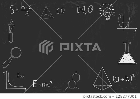 Back to school background science doodle elements on school board. Sketch crayon textured set. Math, chemistry, physics study, education. Back to school background science doodle elements on school board. Sketch crayon textured set. Math, chemistry, physics study, education. 129277301