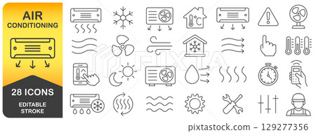 Air Conditioning editable stroke line icon symbol set. Air conditioner thin line icons collection. Air Conditioning outline icon pack. Vector illustration image. Isolated on white background. 129277356