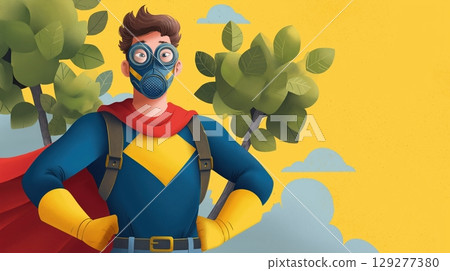 Environment impact and awareness, pollution concept, Superhero wearing a mask and cape with trees in the background. 129277380