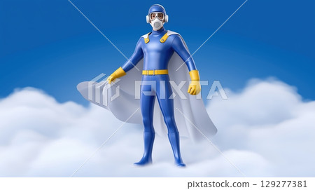 Environment impact and awareness, pollution concept, Superhero in a blue suit with a gas mask standing on clouds. 129277381